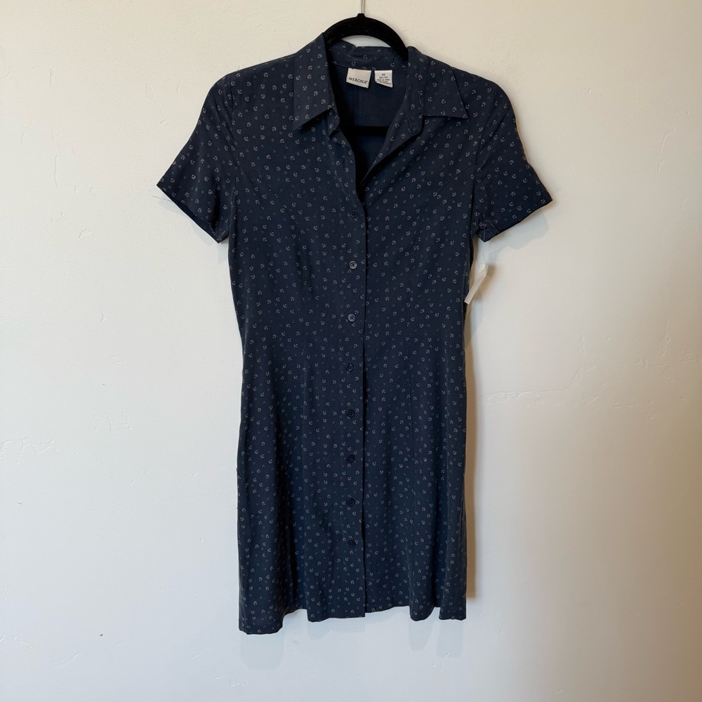 Merona Navy 100% Silk Button Down 90s Shift Dress Womens Size XS Y2K Academia